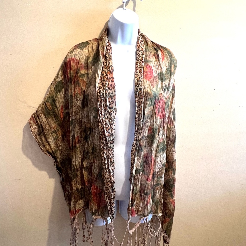 Cream and Tan Floral/leopard print Scarf with Fringe